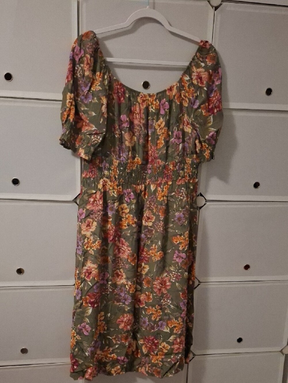 Addition Elle Olive Green Floral Midi Dress with Smocked Waist - Picture 2 of 9